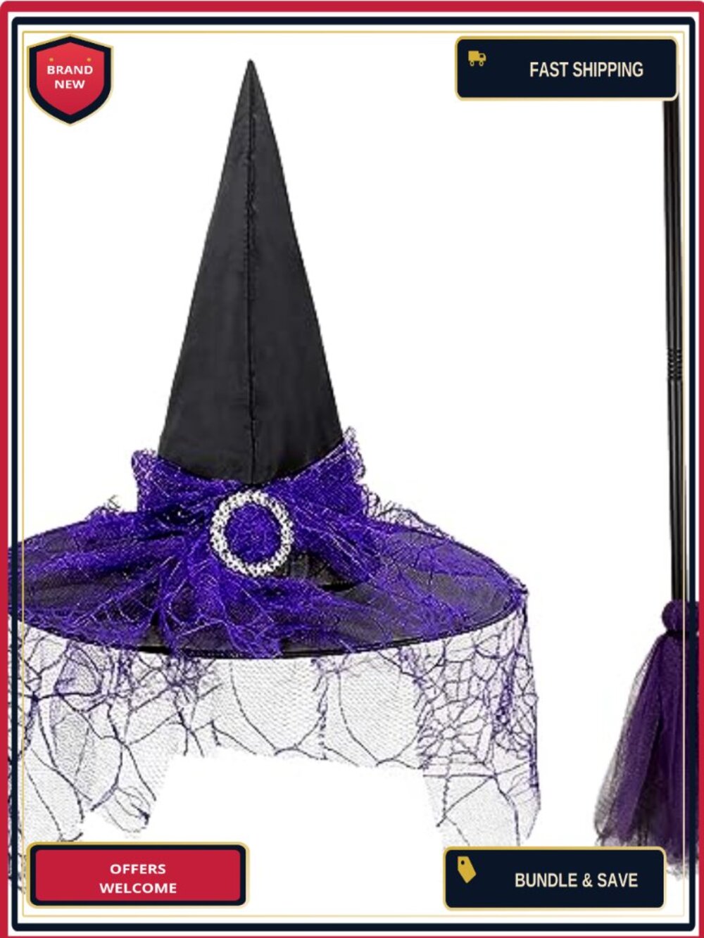 Halloween Witch Hat and Broom Set with Lace and Spiderweb Mesh for Costume